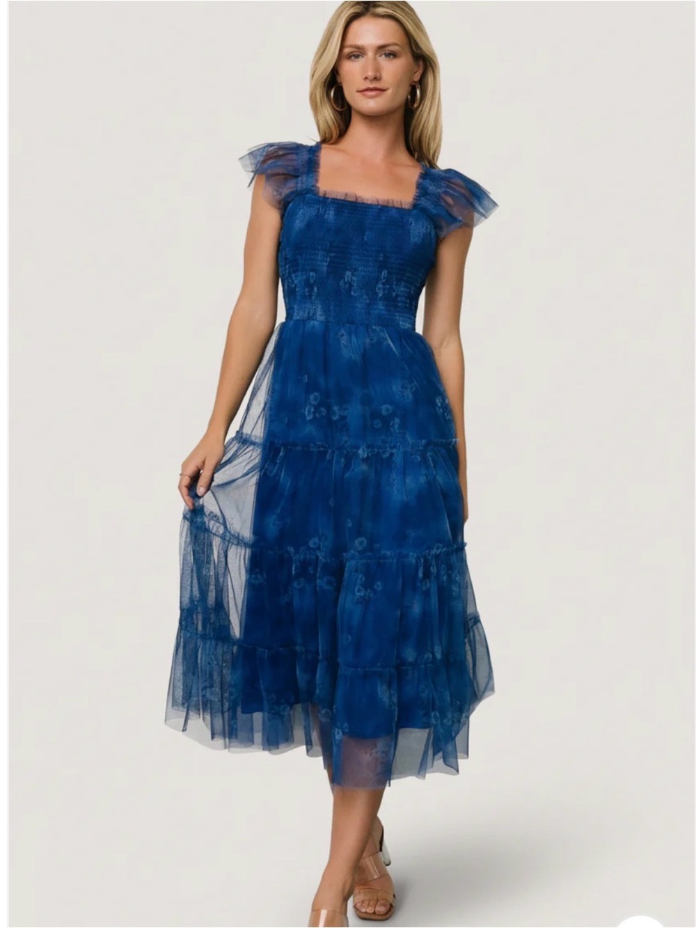 Baltic Born Blue Tulle Midi Dress with Smocked Bodice